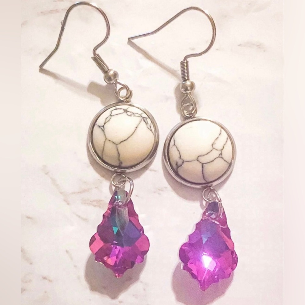 White Marble Purple Austrian Crystal Dangle Earrings